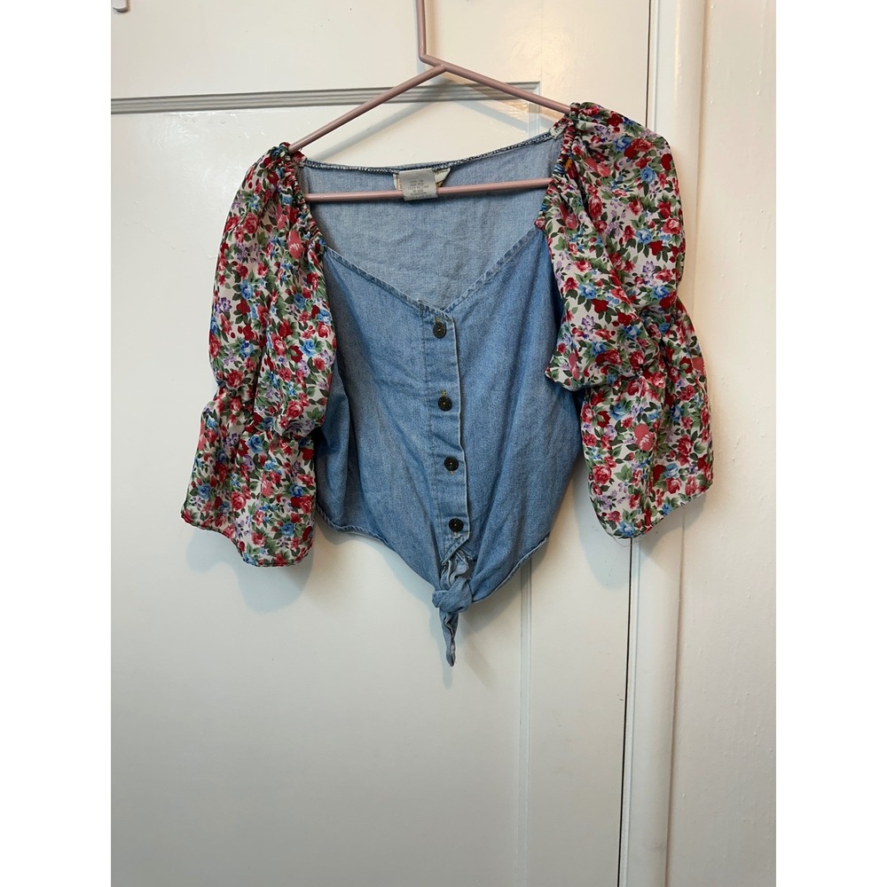 VTG Bonjour Vintage Denim Floral‎ Puff Sleeve Tie Front Crop Top Blouse M USA